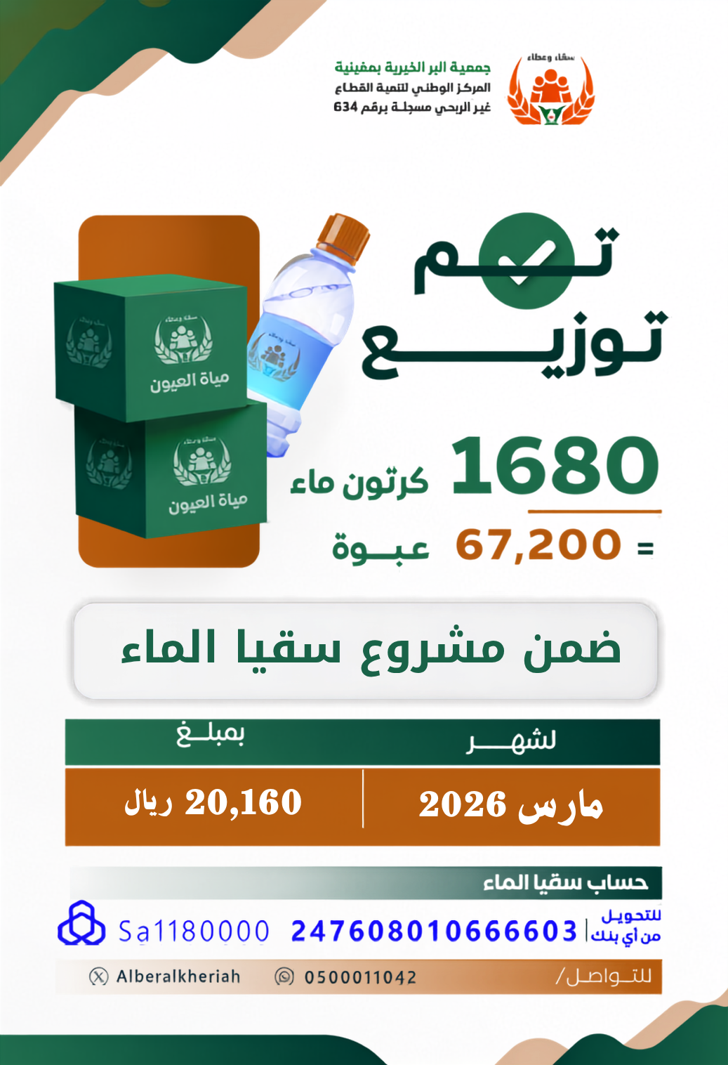 تم بحمد الله توزيع عدد 1680 كرتون من المياه الصحية لشهر مارس لعام 2026 م